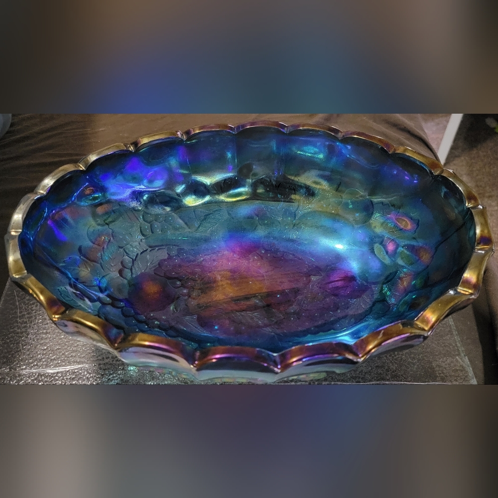 Vintage Indiana Blue Iridescent Carnival Glass Footed Oval Center Fruit …